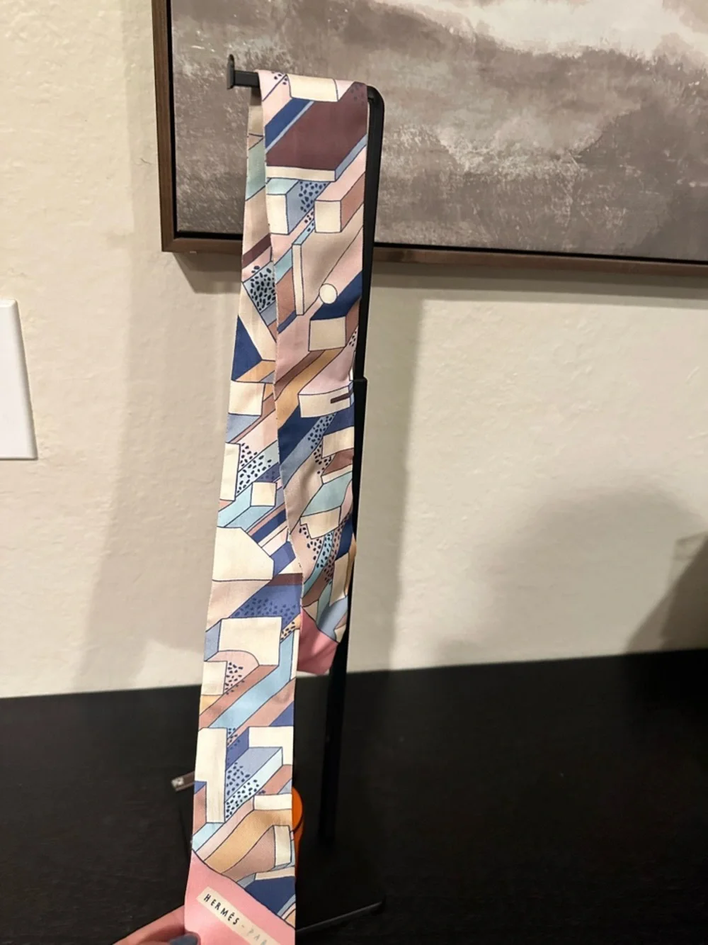 Authentic Hermes Geometric Print Silk Twilly in Blue, Pink, Cream & Tan - Picture 4 of 7